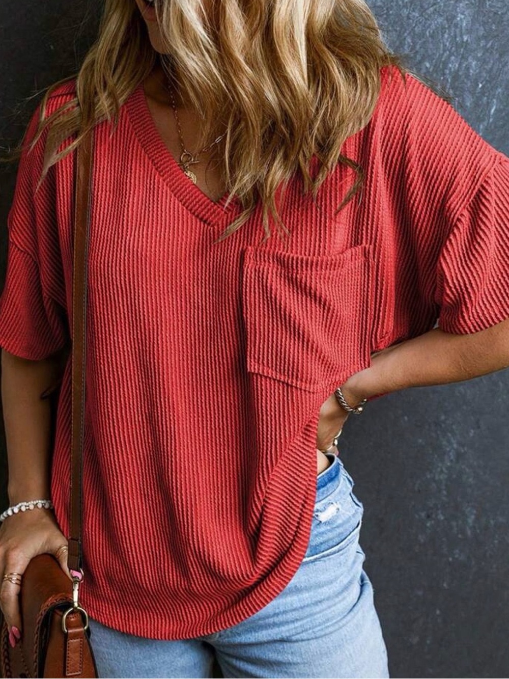 SHEIN Coral Ribbed V-Neck Pocket Tee